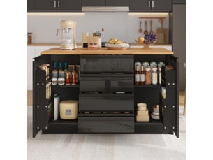 Îlot de cuisine avec 4 tiroirs, 2 placards et plateau extensible, finition brillante, noir et bois, 140 × 80 × 90 cm