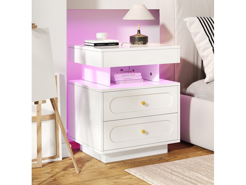  Table de chevet led 50x40x60 cm avec 2 tiroirs et 1 espace ouvert panneau de particules blanc  - Conforama E