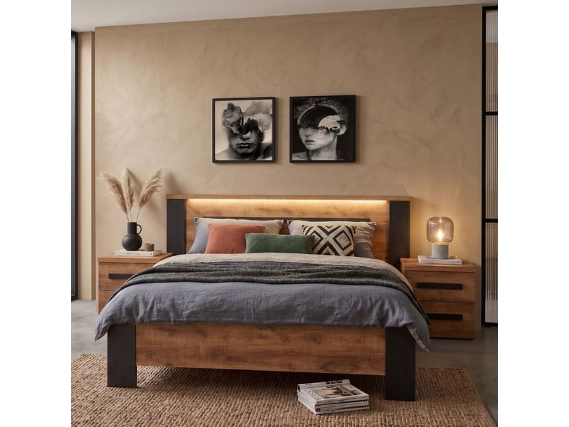 Chevet 2 tiroirs aspect chêne artisan et graphite - andes ANDES - Conforama C