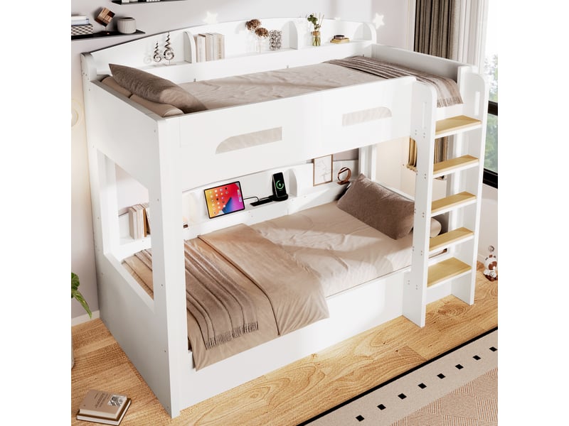  Lit superposé avec couchage d'appoint et port usb, rangements en haut et en bas, en bois massif et mdf, blanc  - Conforama E