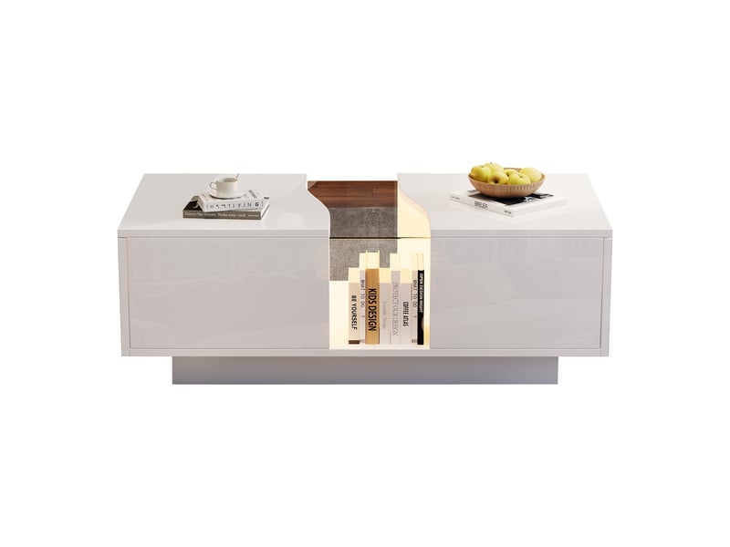  Table basse avec 2 tiroirs et led pour salon 100×50×35 cm en mdf et acrylique blanc brillant  - Conforama A