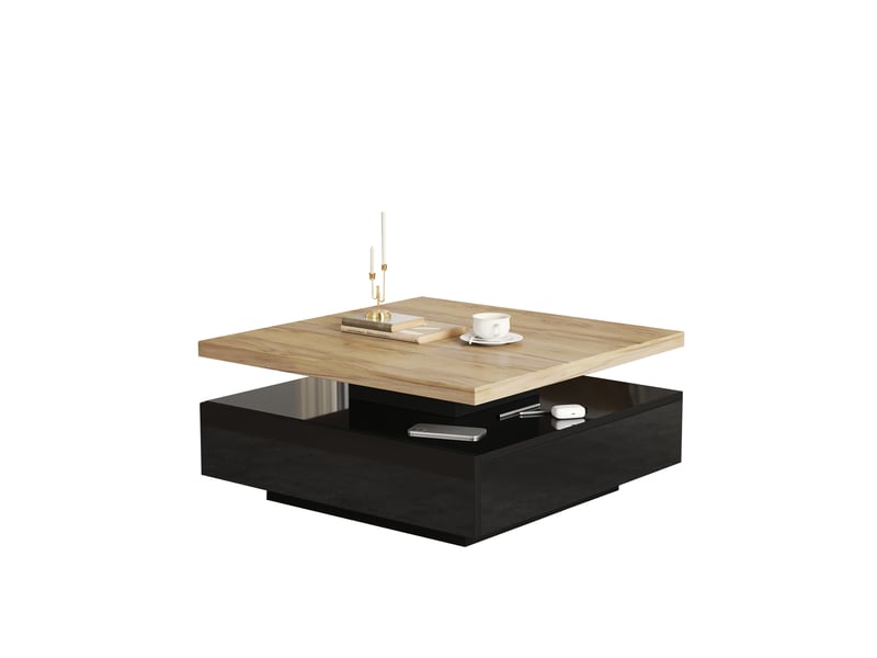  Table basse carrée pivotante à 360°, noir brillant et noyer  - Conforama C