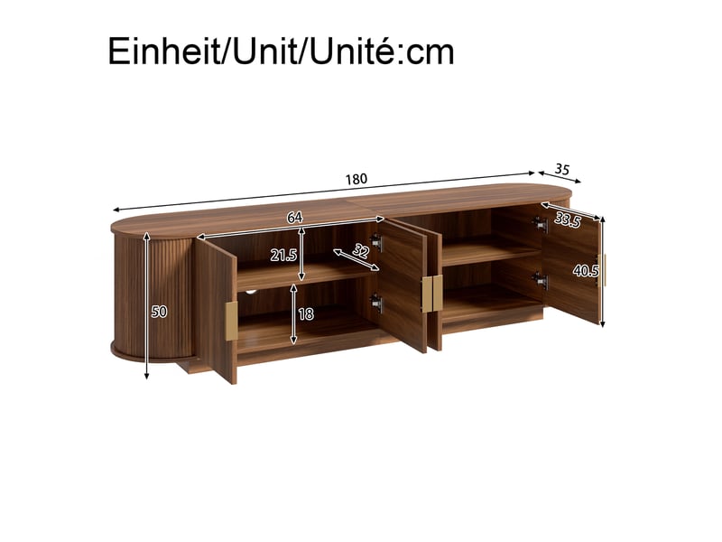  Meuble tv led 180x35x50 cm, 4 portes, rangements intégrés, poignées métal, mdf et panneau de particules, noyer  - Conforama E