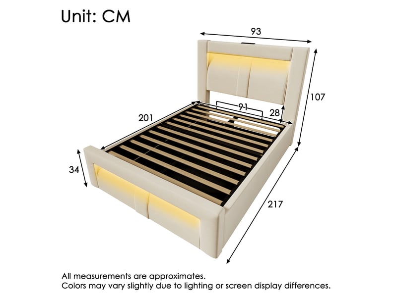  Lit coffre, lit enfant 90x200 cm, rangement hydraulique, led, usbusb-c, tête de lit incurvée, matelas inclus, velours beige  - Conforama C