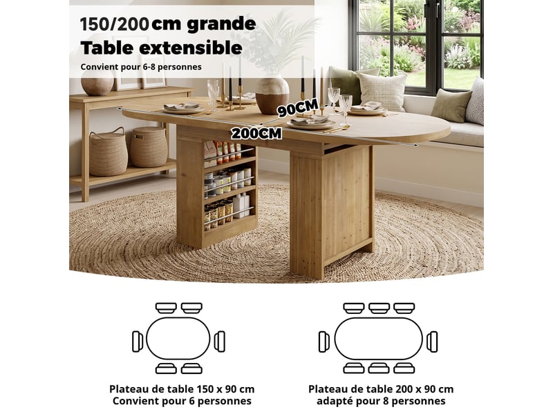  Table à manger extensible 150-200 x 90 cm, 6-8 personnes, rangement, plateau épais, chêne Jamama eleni - Conforama D