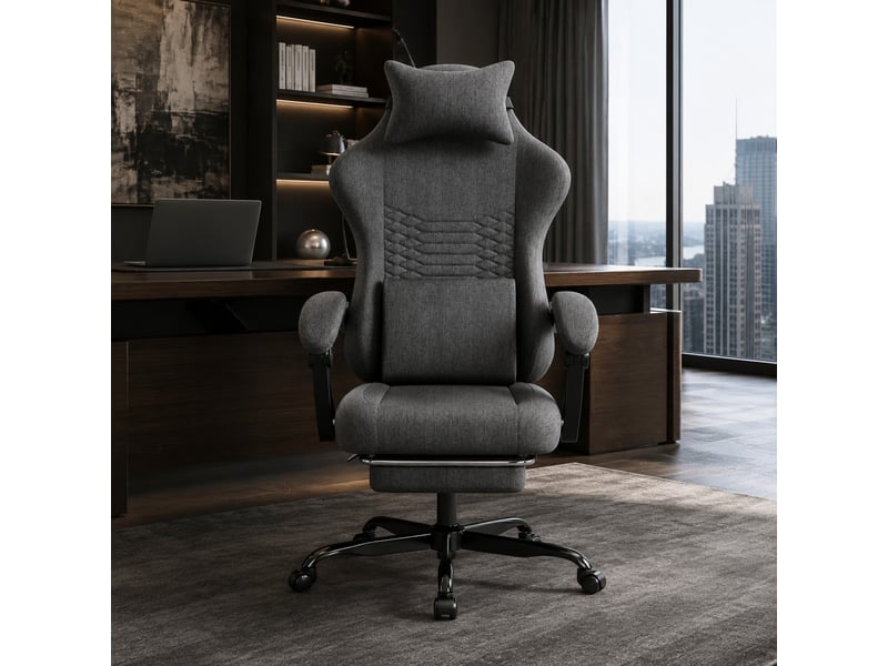  Chaise gaming de bureau en tissu gris foncé avec repose-pieds rétractable, appui-tête et dossier inclinable à 135°  - Conforama B
