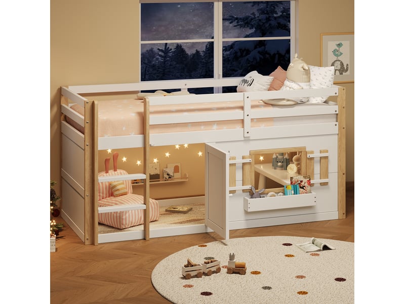  Lit enfant en mezzanine, 90x200 cm, échelle, couchage en hauteur, pour chambre, matelas non inclus, bois, coloris blanc  - Conforama D