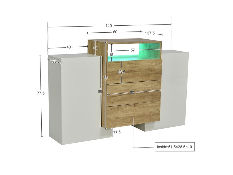  Buffet cuisine bas, meuble de cuisine rangement, avec lumineux led, 2 portes et 3 tiroirs, pour manger salon entrée, 140x30x77,5cm, blanc  - Conforama C