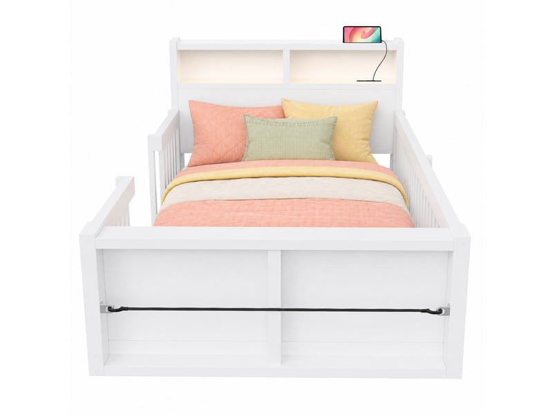  Lit enfant modenvie multifonction 90 x 190 cm avec barrière de sécurité, port usb, veilleuse et rangement, blanc  - Conforama A