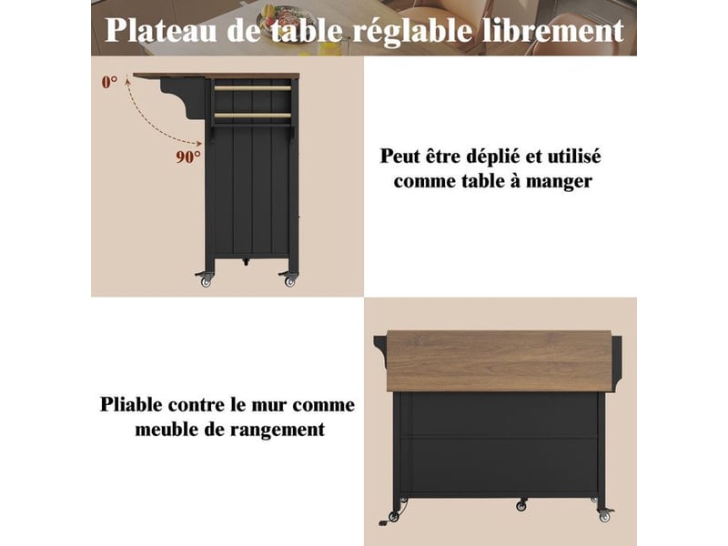 Desserte cuisine mobile avec portes en verre & led - plateau extensible, 5 roues & étagères amovibles | design noir moderne | 139cm - Conforama D