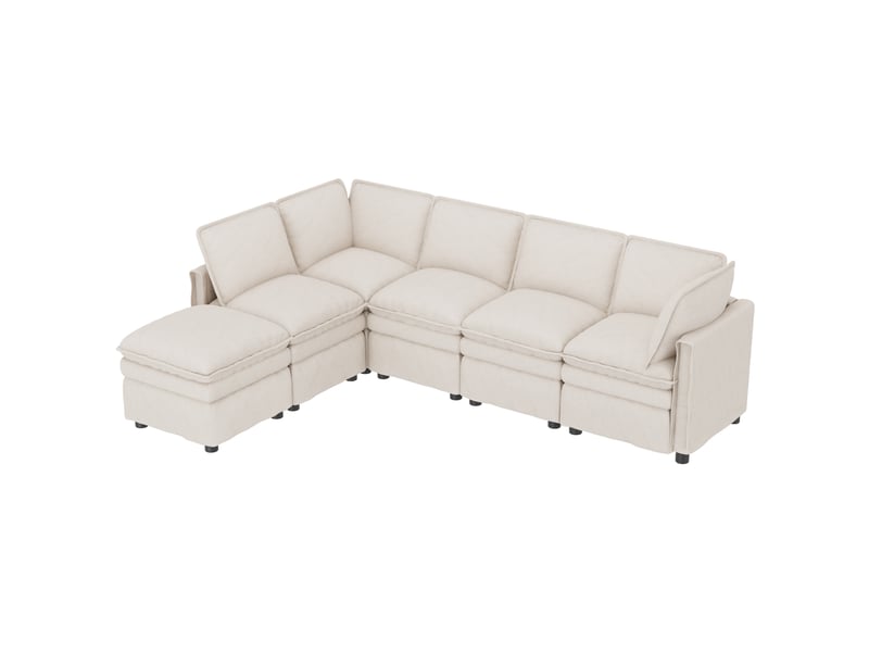  Canapé modulable modenvie xxl 6 places avec fonction couchage, configuration en u ou l, pouf mobile, chenille beige, 344 x 127 x 91 cm  - Conforama A