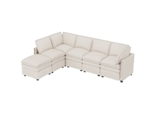 Canapé modulable modenvie xxl 6 places avec fonction couchage, configuration en u ou l, pouf mobile, chenille beige, 344 x 127 x 91 cm