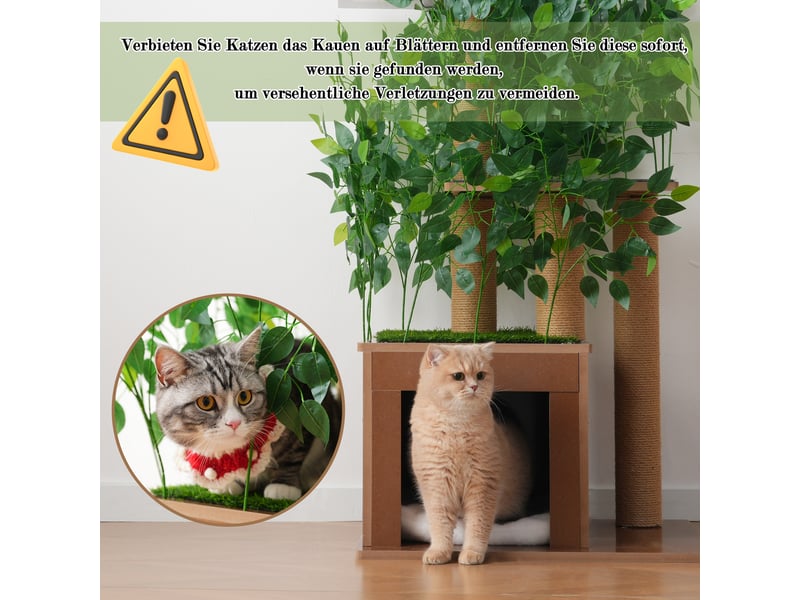 Cat tree design arbre 158cm avec 3 plateformes & niche, mdf étanche & anti-rayures, feuilles amovibles, matériau sécurisé - vert & naturel BUBBLY - Conforama B