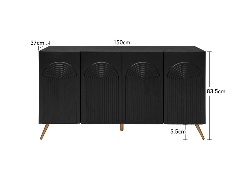  Buffet noir style mid-century avec portes arquées, étagères réglables et pieds en métal doré, 150 cm  - Conforama C