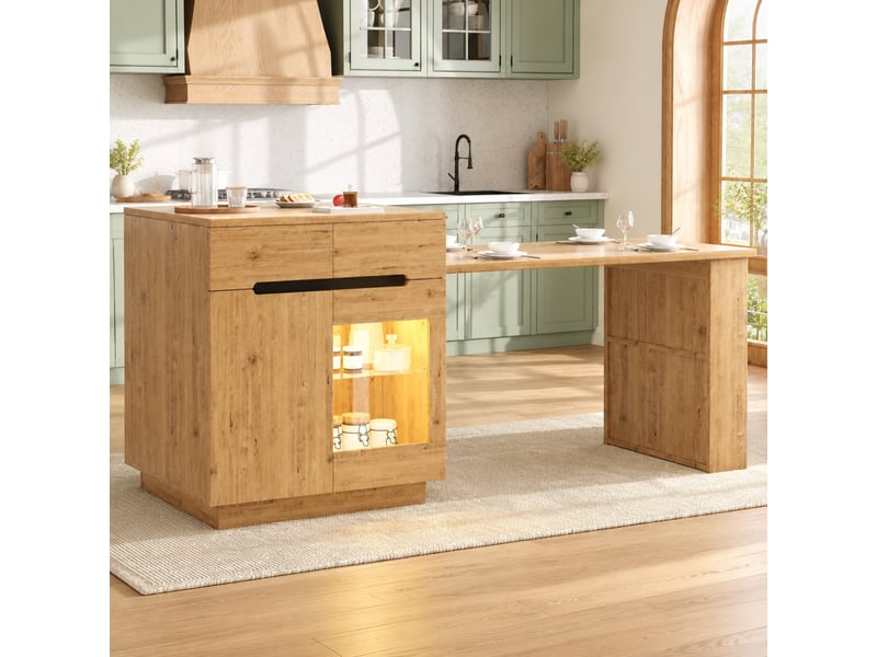 Îlot de cuisine avec table extensible et éclairage led, aspect chêne - Conforama C
