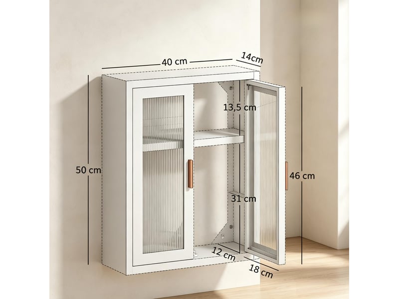  Armoire murale de salle de bain blanche en métal et acrylique, 2 portes, étagère réglable, rangement compact  - Conforama C
