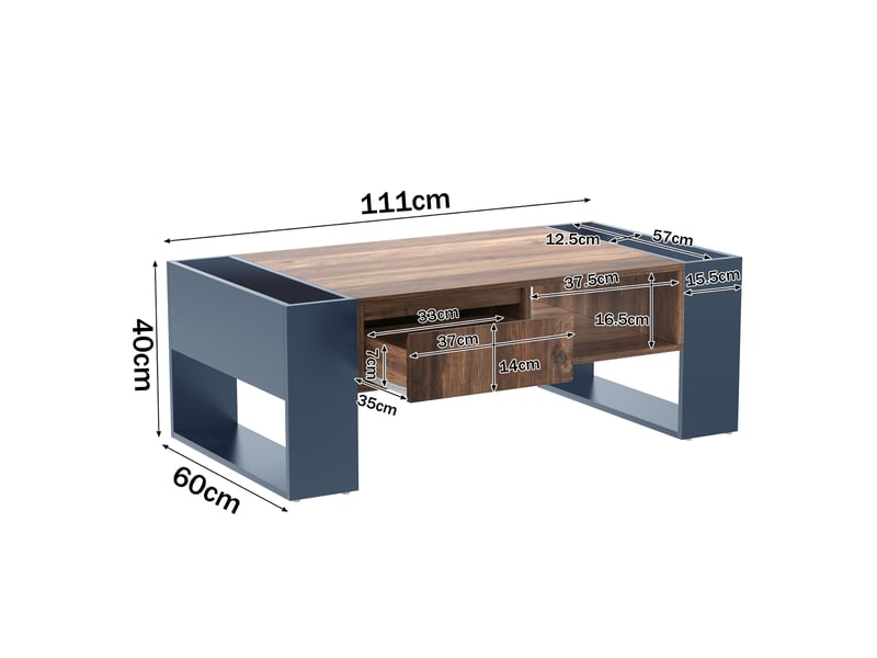 Table basse 111x60x40 cm avec tiroir sans poignée et rangements double face, panneaux de particules mélaminés, bois et anthracite ABC - Conforama C