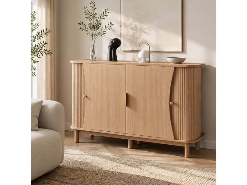  Buffet avec 2 portes, 3 compartiments et étagère réglable pour salon ou entrée, mdf naturel, 140 × 40 × 88 cm  - Conforama B