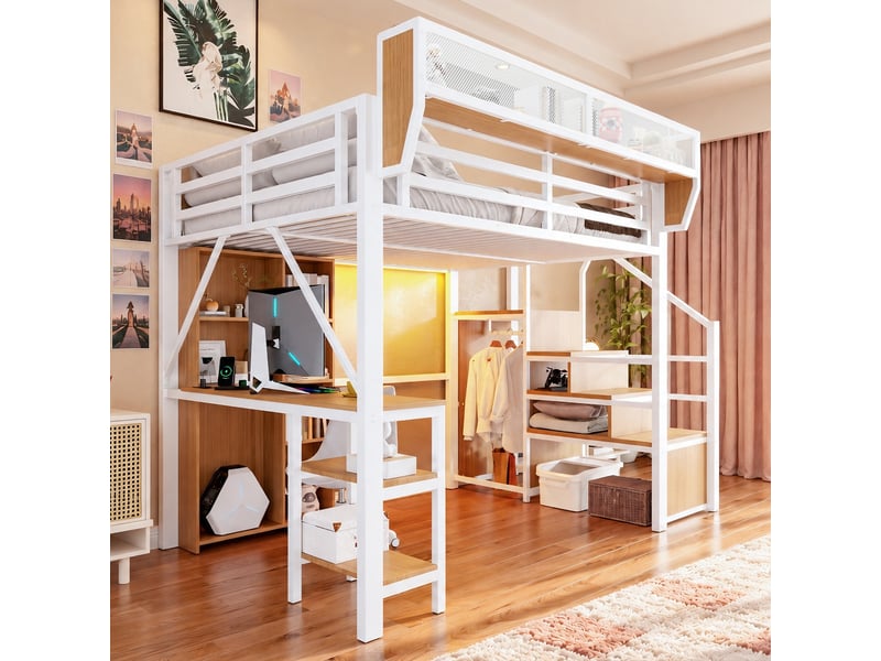 Lit mezzanine 140x200 cm – avec escalier de rangement – avec bureau – avec éclairage led – avec prise électrique – blanc (matelas non inclus) - Conforama E
