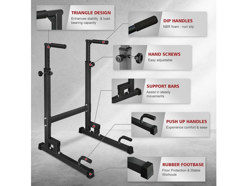 Station de dips réglable 78 x 70,1 x 130 cm noire en fer, pour tractions, pompes et exercices au sol  - Conforama D
