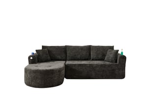 Canapé d'angle modulable noir en tissu lin, design contemporain avec porte-gobelet inox et pochettes de rangement intégrées