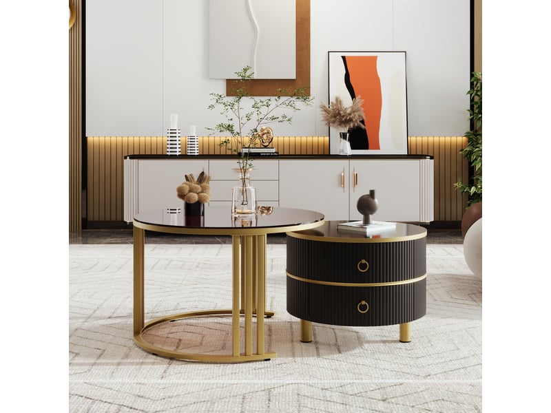 Ensemble de deux tables basses rondes avec 2 tiroirs, 70 x 70 x 45 et 50 x 50 x 40 cm, noir et doré - Conforama B