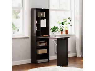 Bureau pliant moderne avec bibliothèque et tableau noir, bois et métal, 98 x 51 x 153 cm, marron