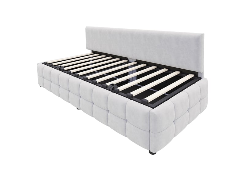  Canapé-lit 90x200 velours gris clair, rangement hydraulique, motif à carreaux  - Conforama D