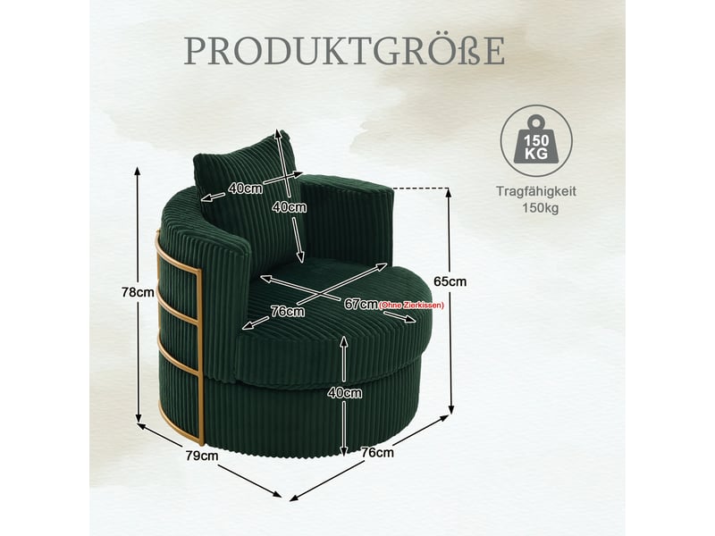 Fauteuil pivotant à 360° en velours côtelé avec rembourrage en mousse haute densité et espace de rangement sous l'assise - vert - Conforama C