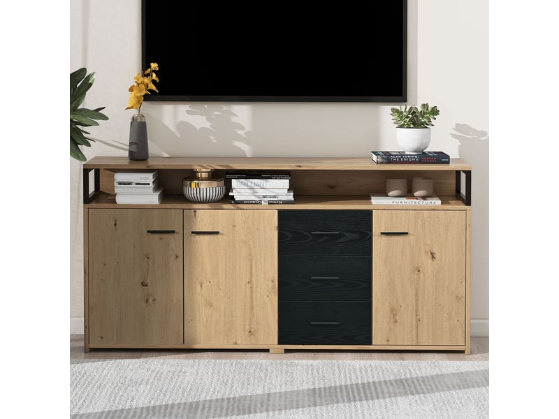 Buffet industriel à trois portes et trois tiroirs - fotopro - cuisine - bois - marron - 150*35*75,9 cm - Conforama B