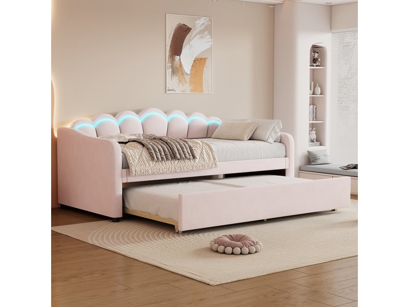  Lit gigogne 90x200cm avec lit extensible, éclairage led multicolore, design ondulé, velours, rose, sans matelas  - Conforama B