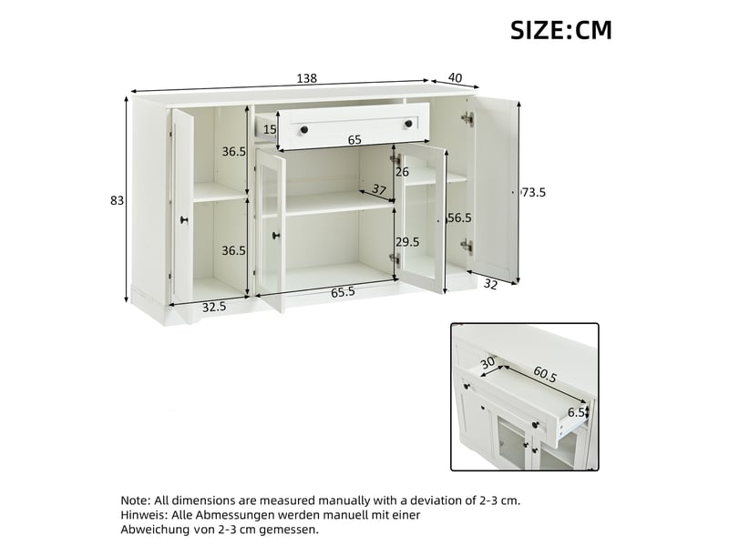  Buffet de cuisine design avec 4 portes et 1 tiroir, 138 × 40 × 83 cm, blanc  - Conforama C