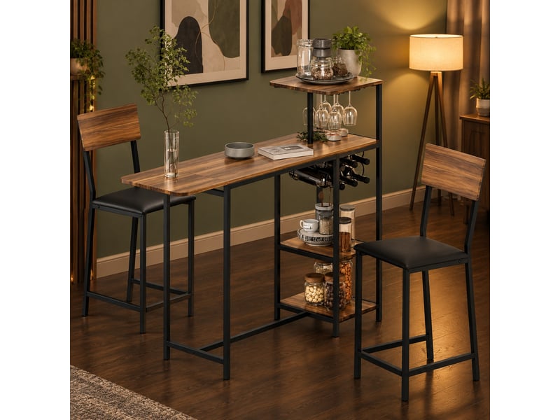  Ensemble table et chaises de bar avec 1 table extensible et 2 tabourets  - mdf et métal - marron  - Conforama C
