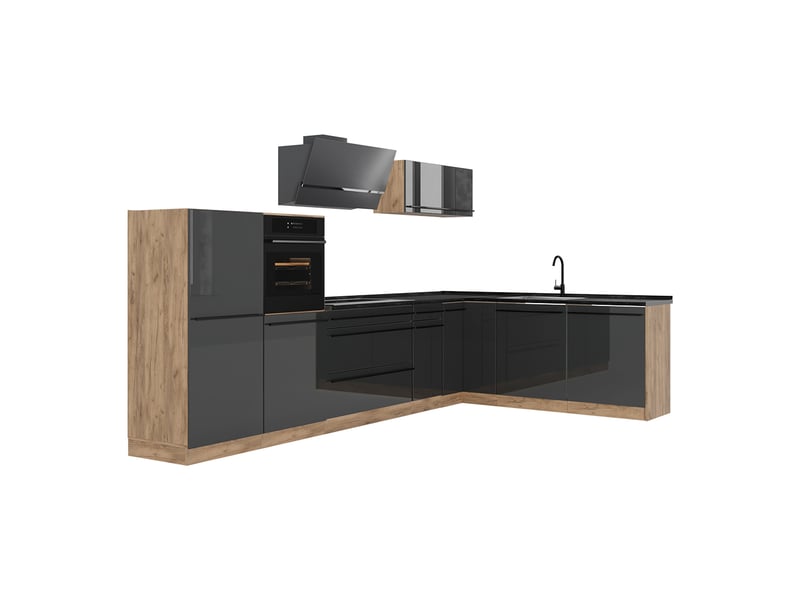  Vicco cuisine en angle, anthracite haute brillancechêne doré, 347 x cm plan de travail anthracite  - Conforama A