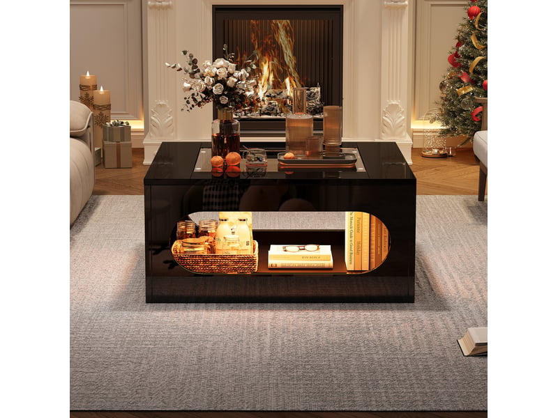  Table basse carrée 70x70x35 cm avec led, plateau en verre, design évidé au milieu, pour salon, contemporain, mdf, noir  - Conforama B
