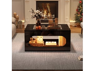 Table basse carrée 70x70x35 cm avec led, plateau en verre, design évidé au milieu, pour salon, contemporain, mdf, noir