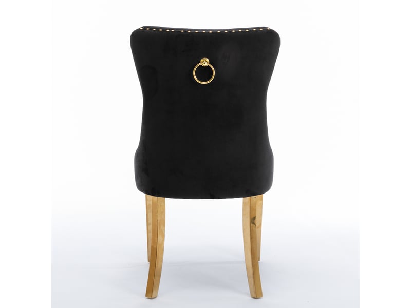  Lot de 2 chaises de salle à manger en velours noir, structure bois massif, pieds dorés et clous décoratifs  - Conforama D