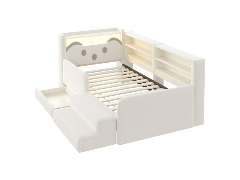 Lit enfant rembourré 90 x 200 cm avec tête de lit ours et rangements, tiroir, marche amovible, barrière latérale, led et usb, en velours beige - Conforama D
