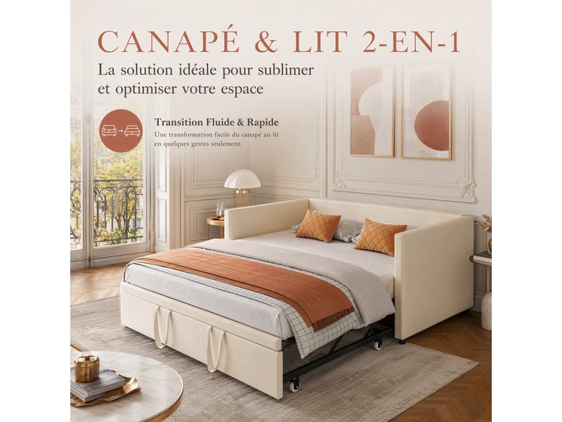  Lit gigogne 90x200 extensible 180x200 cm avec sommier à lattes, lit rembourré convertible, canapé lit convertible avec dossier, lit banquette, tissu velours sans matelas, beige  - Conforama D