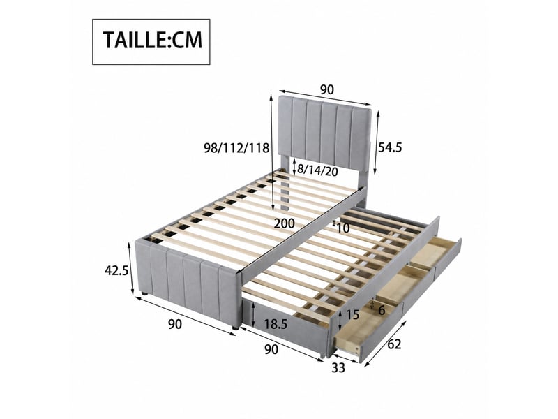  Lit gigogne simple 200x90 cm avec 3 tiroirs, tête réglable, couchage 190x90 cm, sans matelas, gris  - Conforama D