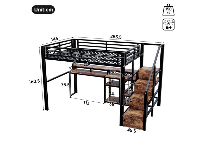 Lit mezzanine 140x200 cm, structure en métal et bois, coloris noir, rangements intégrés, éclairage led, ports usb et usb-c, échelle fixe, garde-corps - Conforama C