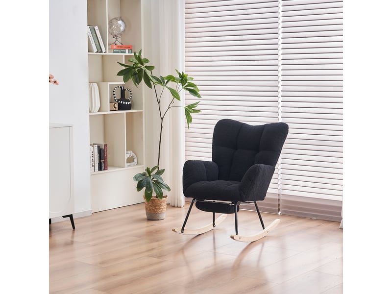 Fauteuil à bascule moderne rembourré en tissu teddy avec repose-pieds, noir - Conforama B