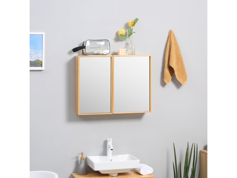  Armoire de toilette avec miroir 2 portes, 4 compartiments, 65,2 x 50 cm, bambou naturel (89 caractères)  - Conforama D