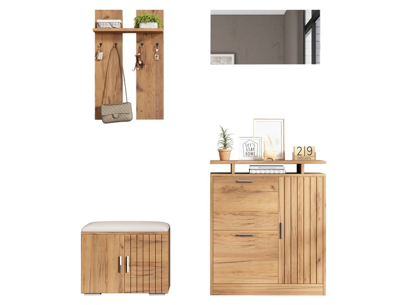 Vestiaire naturel 140×35×133 cm en panneau de particules, banc de rangement, banc à chaussures, miroir intégré - Conforama A