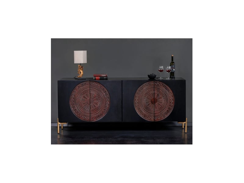 Buffet mahara 160 cm en bois de manguier massif – 4 portes sculptées noir, marron et doré - Conforama B
