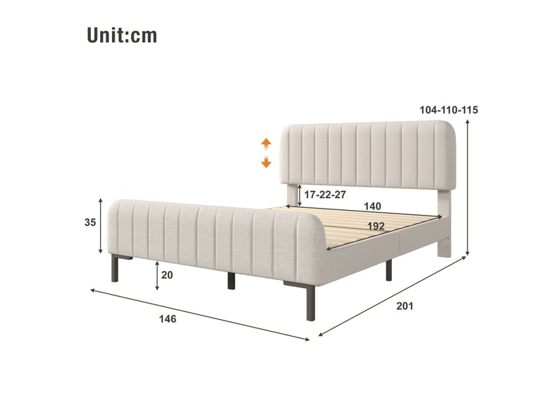  Lit double 140 × 190 cm avec sommier à lattes et tête de lit réglable, en lin beige grisé, pour chambre à coucher  - Conforama C