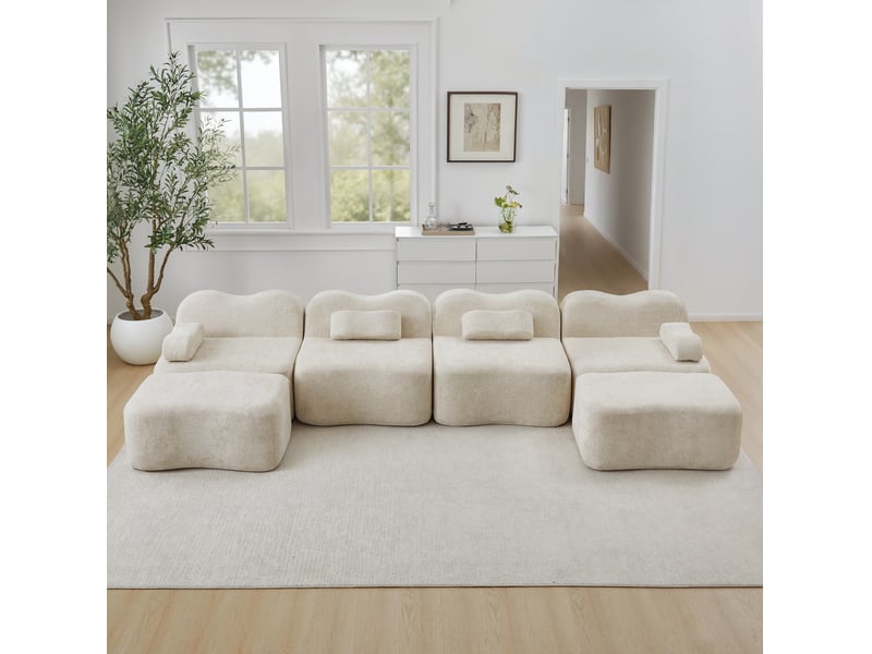  Canapé modulable ulevr 4 places en u avec 2 poufs, mousse 32d, velours beige, 384 x 167 x 70 cm  - Conforama D
