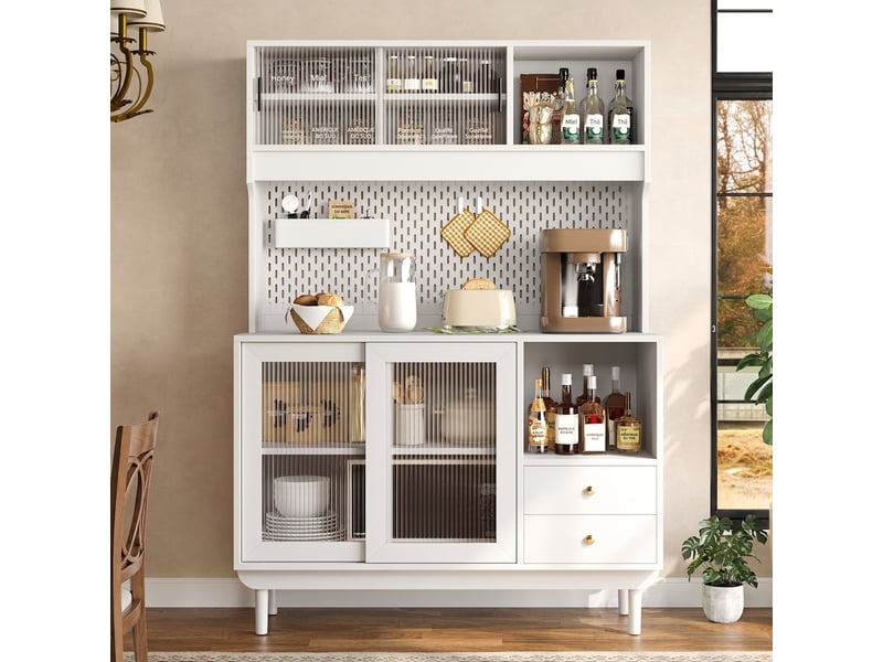  Buffet de cuisine blanc avec portes coulissantes en verre strié, panneau perforé et tiroirs, 117x30x170 cm  - Conforama B