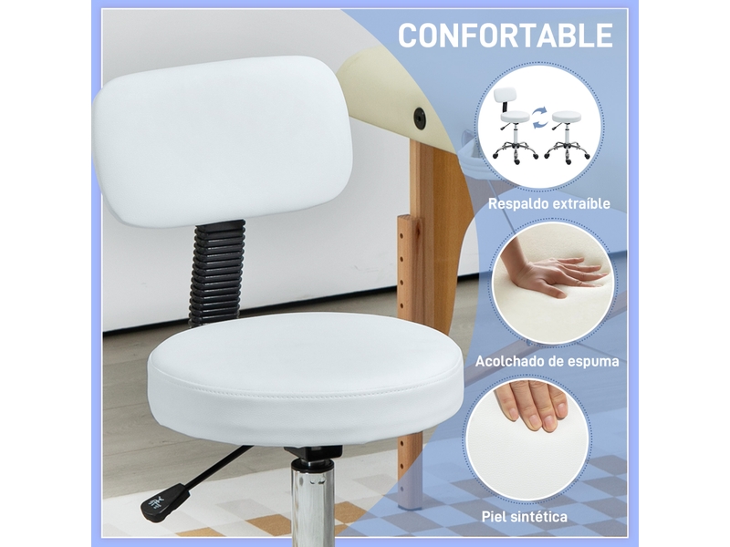Tabouret pivotant blanc avec dossier et roulettes pour salon de beauté ou studio de tatouage hauteur réglable - Conforama E