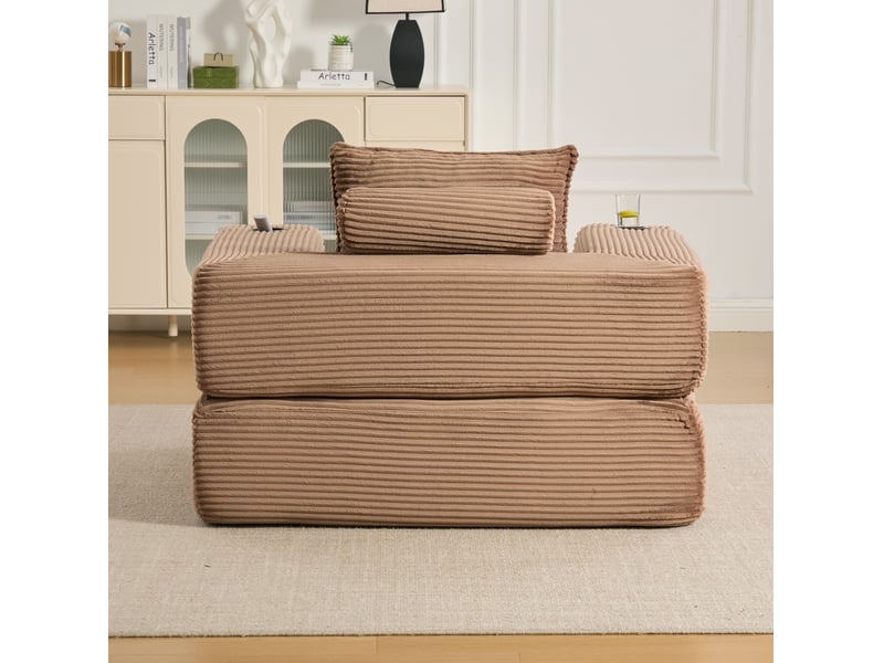 Canapé droit convertible 1 place en velours côtelé marron, avec poche latérale et porte-gobelet pratique - Conforama E